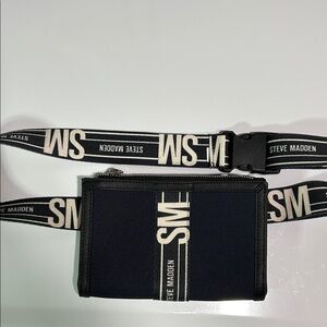 Steve Madden Black Crossbody Pouch with Ivory Logo Strap